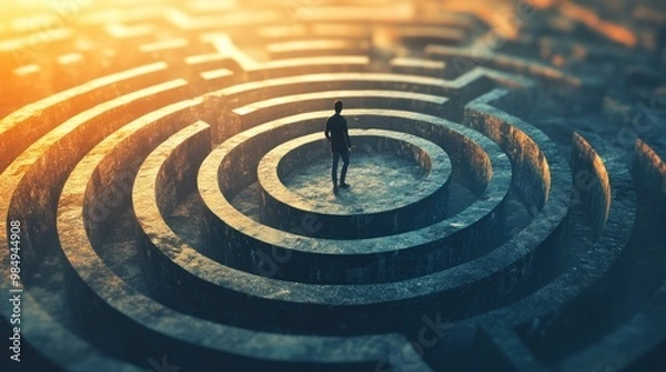 Fototapeta Solitary Figure Standing in the Center of a Stone Maze