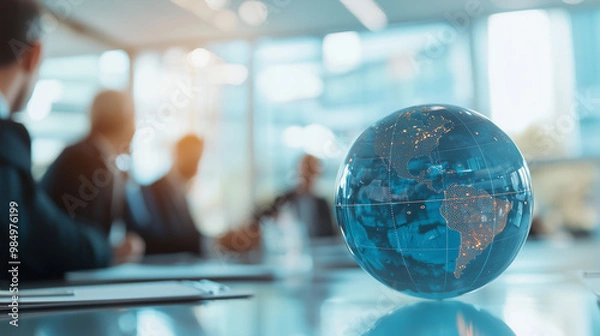 Fototapeta close-up of a group of professionals engaged in a discussion, with a blue globe prominently displayed in the background, signifying their commitment to global cooperation and probl