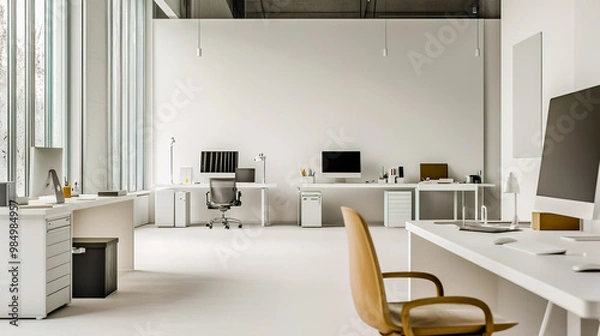 Fototapeta Minimalistic design studio with a clean, white background.