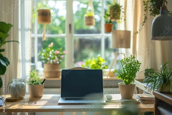 Obraz A cozy home office with Scandinavian design featuring plants and natural light for a productive work environment