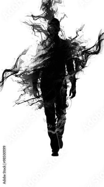 Obraz A silhouette of a man walking through a cloud of smoke, creating a mysterious and ethereal effect.