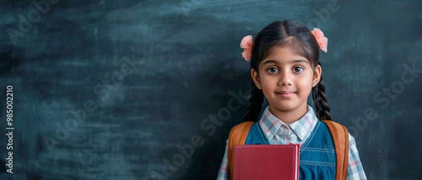 Obraz A little cute smiling Indian schoolgirl girl with a backpack and a book in her hand. Studio photo on the background of a dark blackboard with a place for text. Elementary school, back to school.