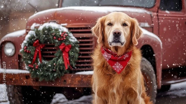 Fototapeta A Joyful Golden Retriever in a Red Handkerchief Sits Proudly in Front of a Vintage Truck Adorned with a Christmas Wreath, Set Against a Snow-Covered Winter Wonderland
