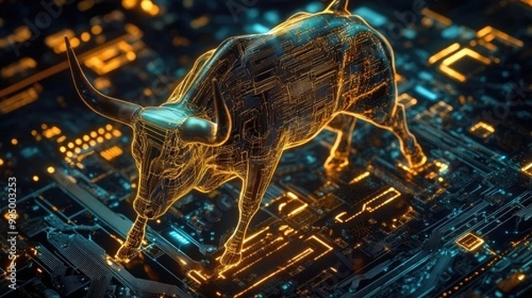 Fototapeta A golden bull, a symbol of financial growth and prosperity, stands on a glowing circuit board, representing the digital economy and technology's impact on the market.