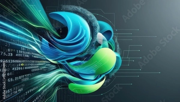Obraz Abstract digital design with green and blue forms, numerical elements, and technology patterns, symbolizing data flow.