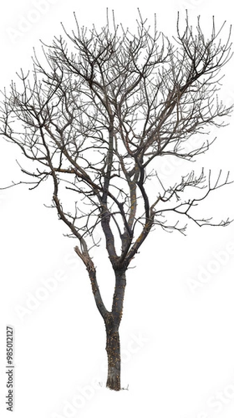 Obraz A bare tree with no leaves stands tall against a white background. The tree's branches are reaching towards the sky.