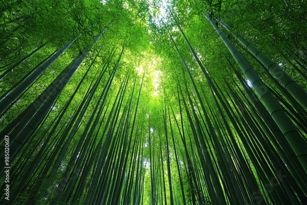 Fototapeta A dense bamboo forest, with tall green stalks reaching toward the sky, creating a tranquil, serene atmosphere