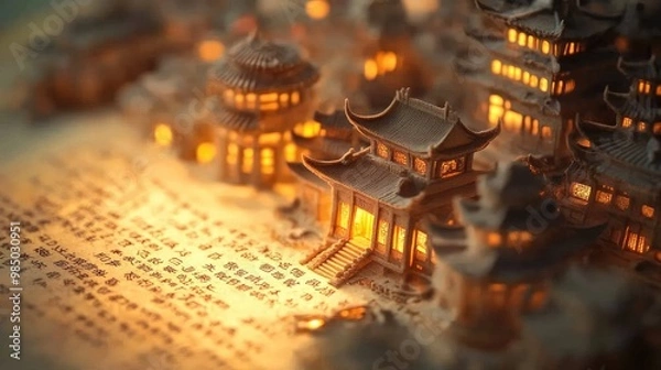 Fototapeta Miniature Chinese village with glowing lights on an open book with Chinese writing.