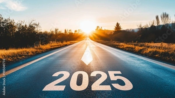 Fototapeta Empty Road Leading to 2025 with Arrow Towards Bright Future