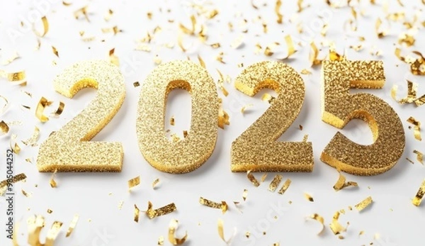 Fototapeta Stylish Golden 3D "2025" Text on a Beige Background with Urban Graffiti Elements, Perfect for Trendy Designs and Celebrations.