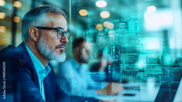 Fototapeta A businessman looks intently at a screen filled with digital data.