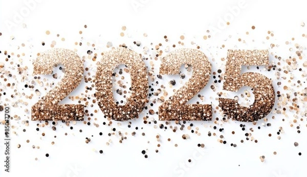 Fototapeta Shiny and Glittery Rose Gold "2025" Numbers on a Crisp White Background, Perfect for Celebratory Designs and Modern Aesthetics.