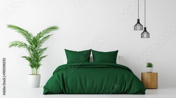 Obraz Elegant Green Bedroom Decor with Modern Lighting