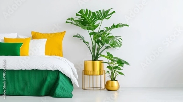 Obraz Modern Bedroom with Green and Yellow Decor Elements
