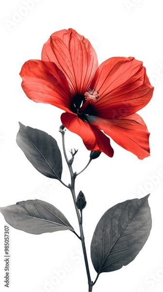 Obraz A vibrant red hibiscus flower in full bloom against a pure white background. The flower's delicate petals are showcased in a stunning close-up shot, with the leaves in a contrasting shade of grey.