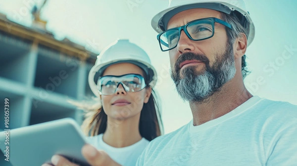 Fototapeta Construction workers looking at plans.