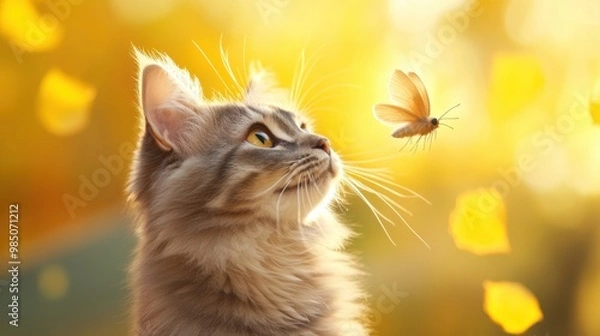 Fototapeta A cat looking up at a butterfly flying by, AI