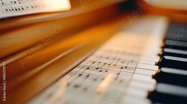 Fototapeta A close up of a piano with music notes on the keys, AI
