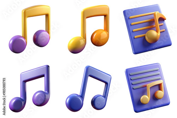 Fototapeta PNG music note 3d collection, in cartoon style minimal on transparent, white background, isolate
