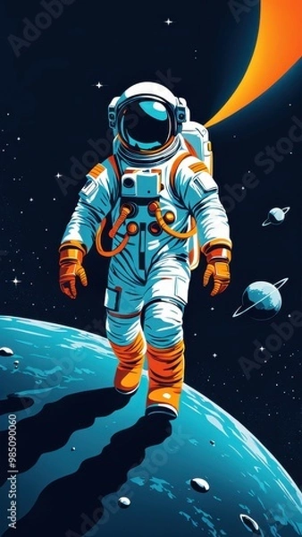 Fototapeta An astronaut walks on a vibrant planet, exploring the cosmos with distant planets and a glowing sun in the background.