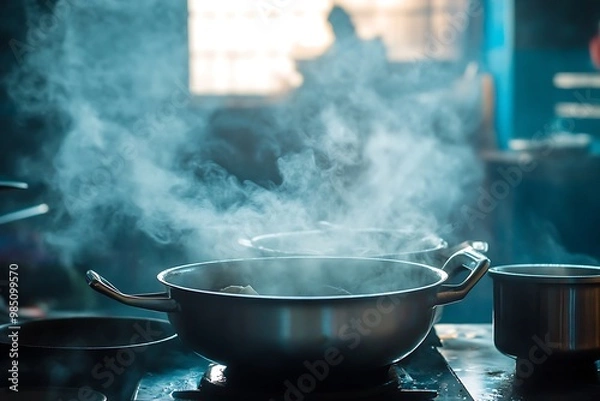 Fototapeta Closeup of steam rising from a pot on a stovetop in a kitchen