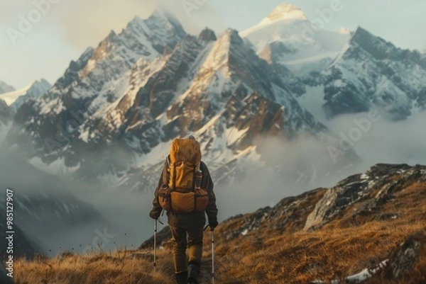 Fototapeta A person is walking on a muddy path in the mountains, generative ai image