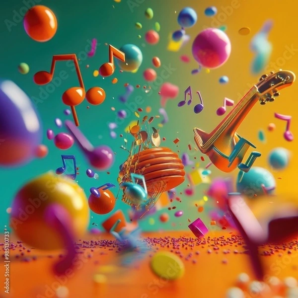 Fototapeta Colorful 3D illustration of music notes, guitar, and spheres.