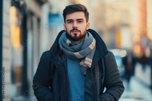 Fototapeta Stylish young man in winter attire on street.