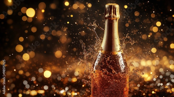 Obraz A 3D render of a massive champagne bottle. The bottle is adorned with splashes, blending seamlessly into the background