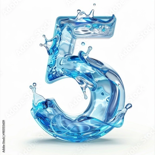 Fototapeta Water alphabet, realistic numbers water, water font number 5