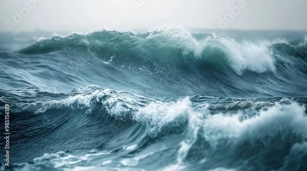 Fototapeta Close-up of rough sea waves crashing against surface. Turbulent water, white foam, and blue ocean background. Stormy weather creates powerful waves, empty beach, no people in sight.