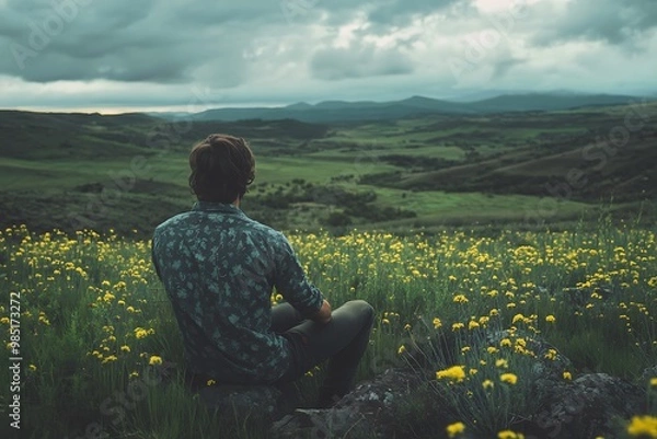 Fototapeta Man sitting alone in field of flowers with a view of green hills and dramatic stormy sky