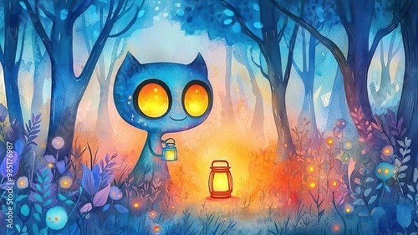 Fototapeta A whimsical character with large, expressive eyes, holding a glowing lantern in a fantasy forest, watercolor, soft pastels, glowing details