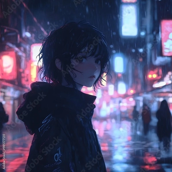 Fototapeta Anime girl standing in rainy city night, digital illustration