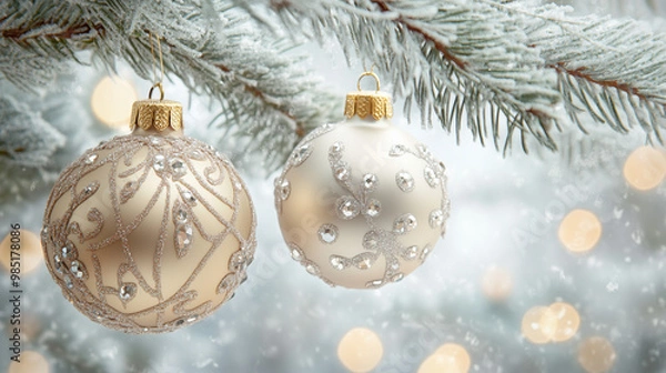 Fototapeta Delicate beige and gold Christmas ornaments on a snow-dusted tree, illuminated by warm bokeh lights, capturing the elegance of winter holiday decor.