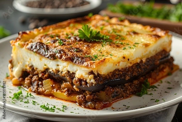 Fototapeta Layered Moussaka with creamy sauce.