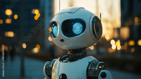 Fototapeta A simple white robot AI artificial intelligence standing on a city street
