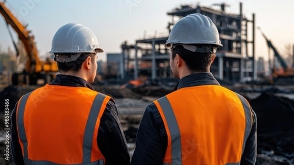 Fototapeta Construction Workers Observing Site Progress at Dawn