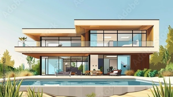 Fototapeta Modern Two-Story House with Pool and Patio
