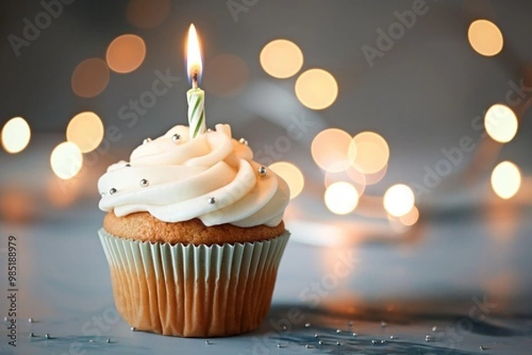 Fototapeta Birthday cupcake with burning candle on blurred lights background. Delicious dessert with cream frosting and colorful sprinkles. Perfect for celebrating first year, happy holiday, or festive party.
