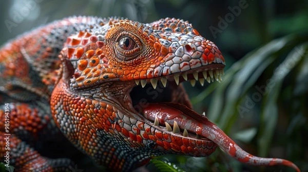 Fototapeta Close Up of a Lizard with Sharp Teeth and a Long Tongue
