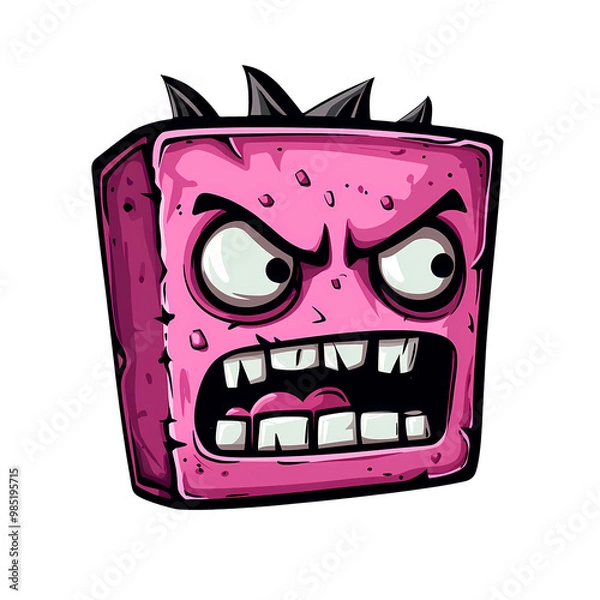 Fototapeta Furious Pink Creature With Sharp Teeth and Spikes Expressing Intense Anger in Cartoon Style