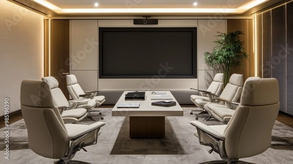 Obraz Modern conference room with a large screen, neutral tones, leather chairs, and sleek AV equipment, designed for meetings or presentations