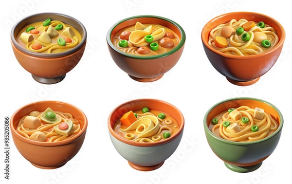 Obraz PNG bowl of Chicken Noodle Soup 3d collection, in cartoon style minimal on transparent, white background, isolate
