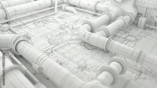 Obraz White Pipes and a Technical Blueprint
