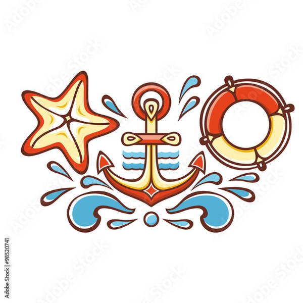 Fototapeta Sea set. Anchor, Lifebuoy, Starfish. Cheerful colorful style. Linear pattern on a white background. Line drawing festive. Vector drawing.