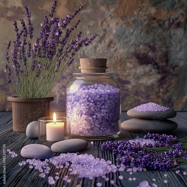 Obraz Product shot of spa salts in a wooden bowl, surrounded by fresh rose petals and small potted plants on a crisp white background.
