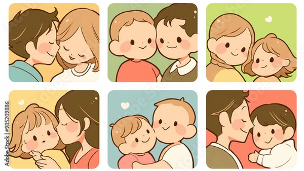 Fototapeta 【背景】仲良し家族のイラスト素材。カラフルでポップ,ファミリー,かわいい,シンプル,