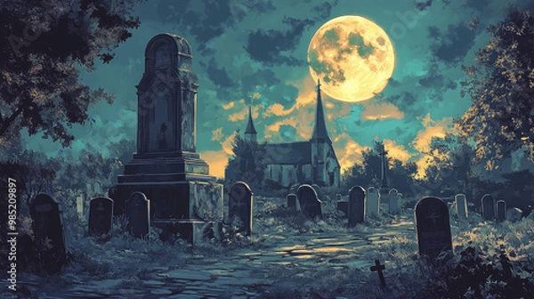 Obraz A graveyard with a large moon in the sky