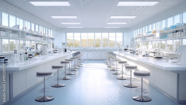 Fototapeta Modern laboratory setup showcasing clean surfaces and stylish seating.